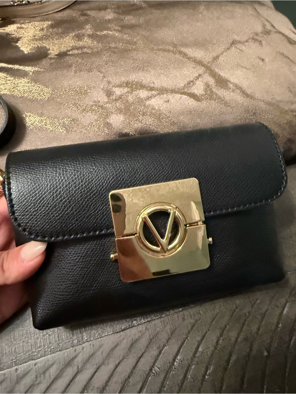 Mario Valentino Black Mini Crossbody with Gold V Logo